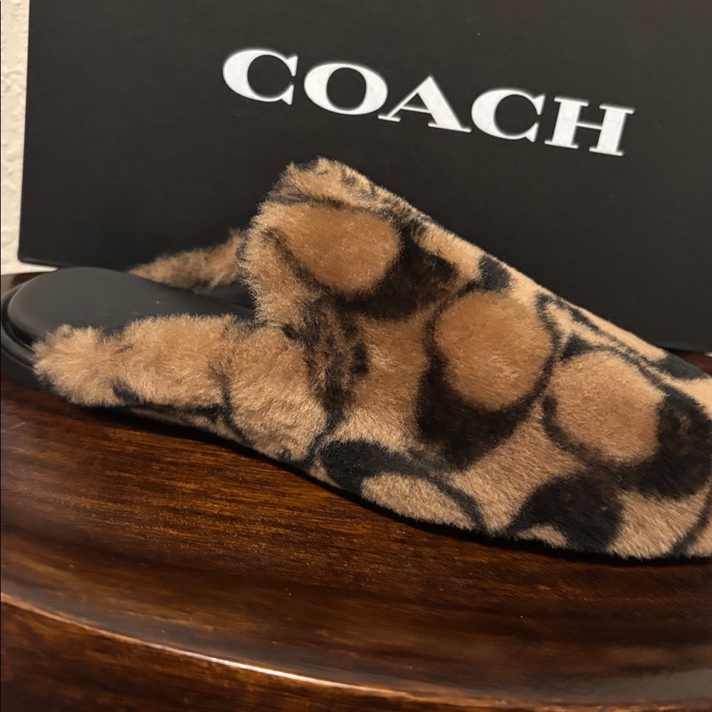 Coach Brown and Black Logo Fuzzy Slip-On Mules - Picture 2 of 7